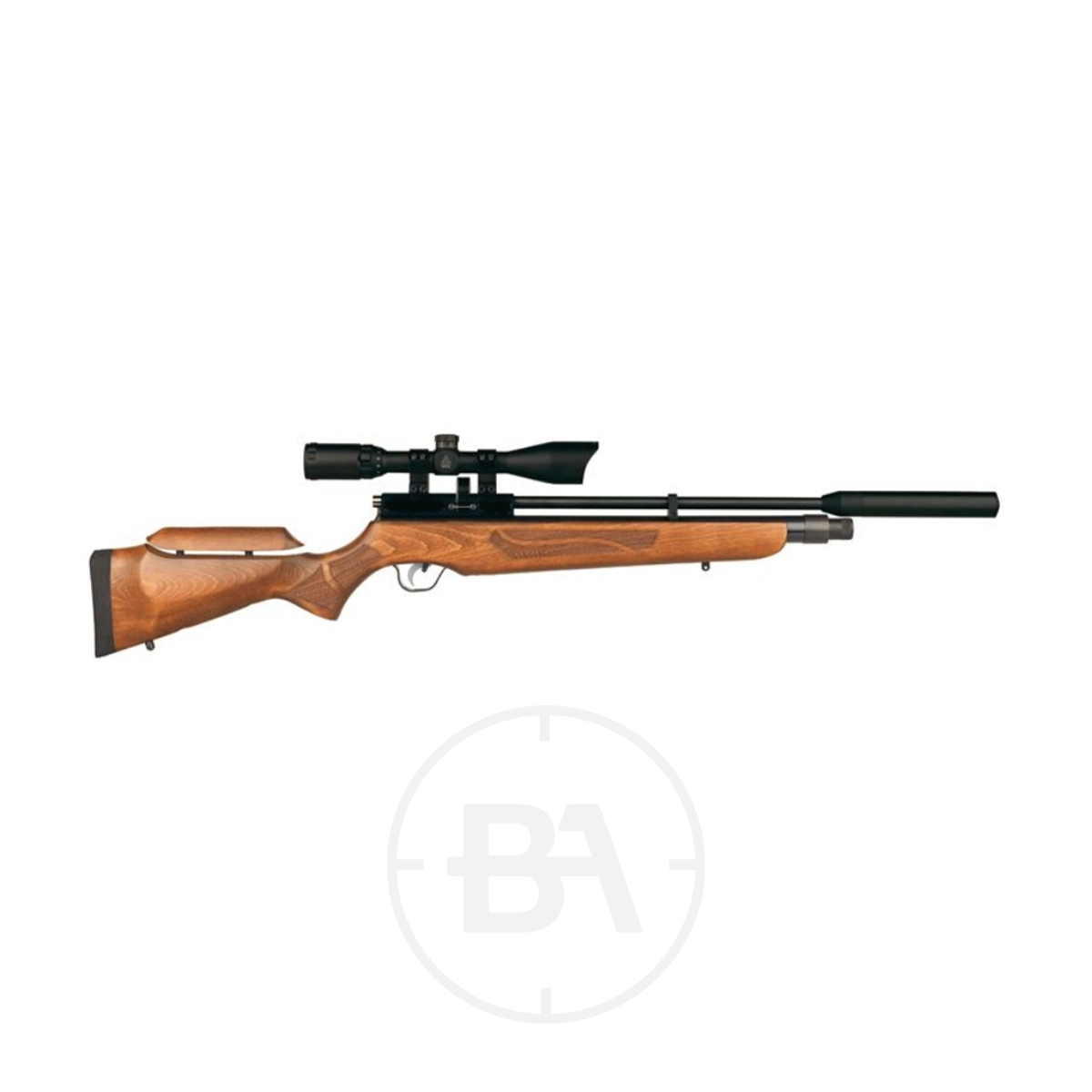 Cometa Orion SPR PCP Air Rifle 1 A Cometa Orion SPR PCP Air Rifle with a wooden stock, mounted scope, and silencer is shown on a white background.