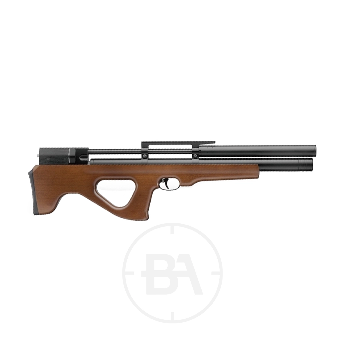 Snowpeak P15 Bullpup PCP Air Rifle 1 Side view of the Snowpeak P15 Bullpup PCP Air Rifle, showcasing its wooden stock and black metal barrel on a white background.