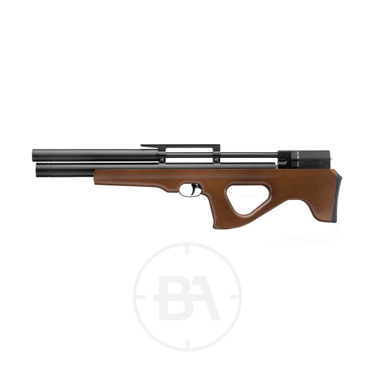 Snowpeak P15 Bullpup PCP Air Rifle 3 A side view of the Snowpeak P15 Bullpup PCP Air Rifle, featuring a modern design with a wooden stock and black barrel components, displayed against a plain white background.