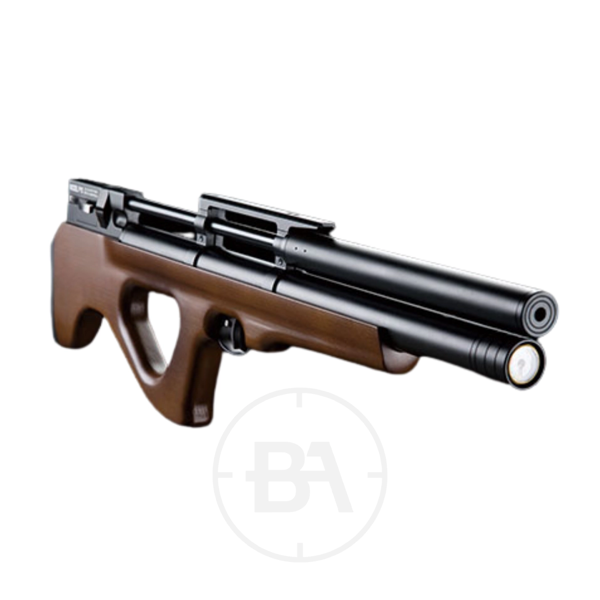 Snowpeak P15 Bullpup PCP Air Rifle 5 The Snowpeak P15 Bullpup PCP Air Rifle features a compact design with a brown wooden stock and black metal parts, displayed against a white background.