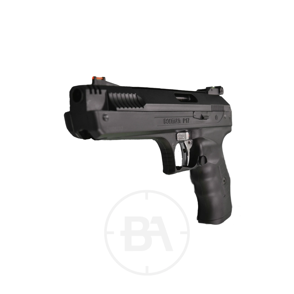 Beeman 2004/P17 Pneumatic Pistol 3 A black semi-automatic handgun, viewed at an angle from the front left, isolated on a white background.