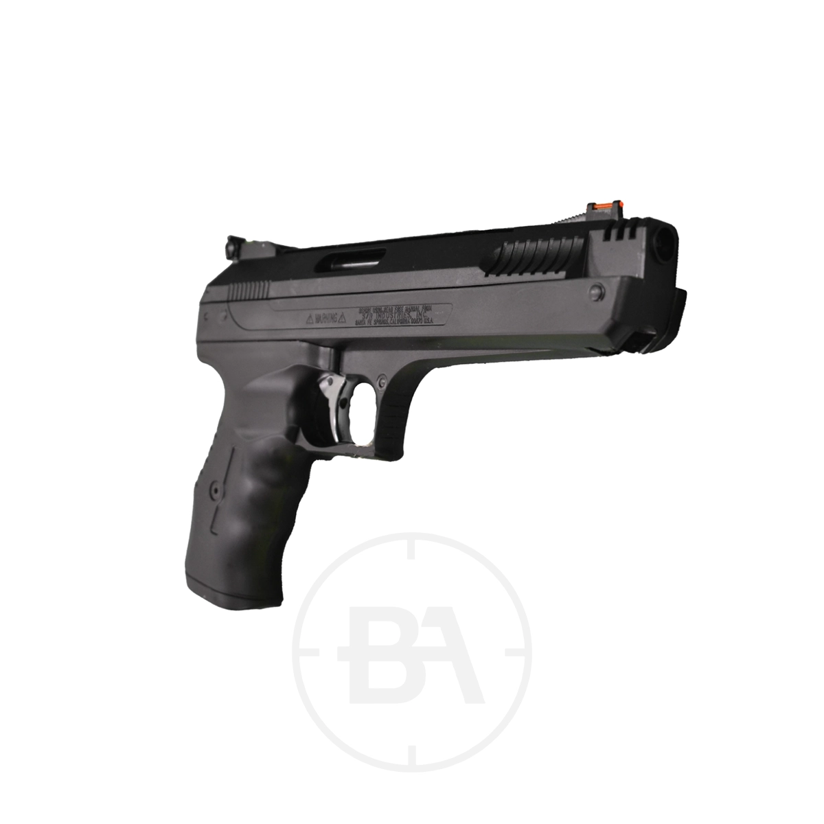 Beeman 2004/P17 Pneumatic Pistol 5 A black semi-automatic handgun is shown angled to the right on a white background.