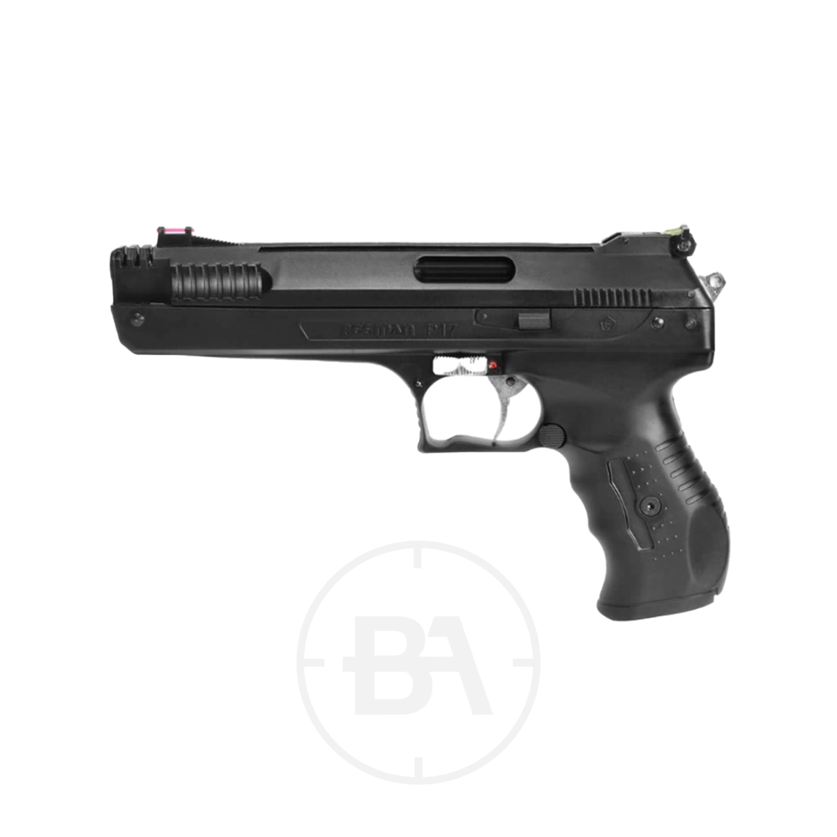 Beeman 2004/P17 Pneumatic Pistol 1 A black air pistol with a textured grip is displayed against a plain white background.