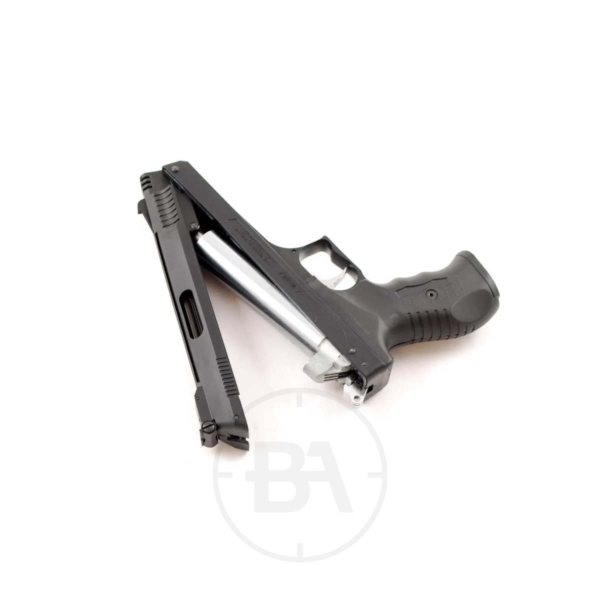 Beeman 2004/P17 Pneumatic Pistol 11 A black handgun with the slide pulled back and the barrel exposed, shown on a plain white background.