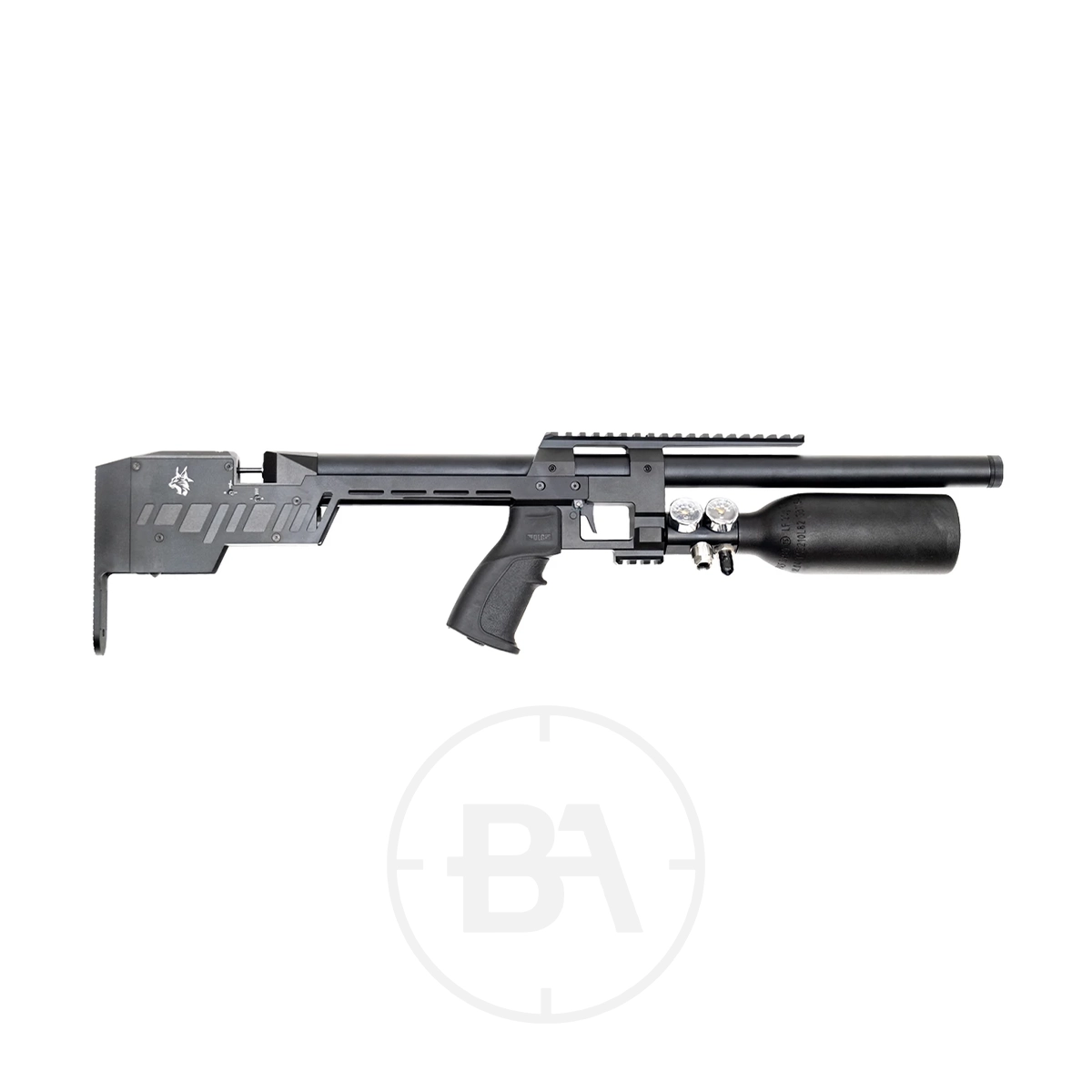 RTI Arms Priest 2 Compact PCP Air Rifle 1 Side view of the RTI Arms Priest 2 Compact PCP Air Rifle featuring a black tactical stock, pistol grip, rail system, and air tank, shown against a white background.