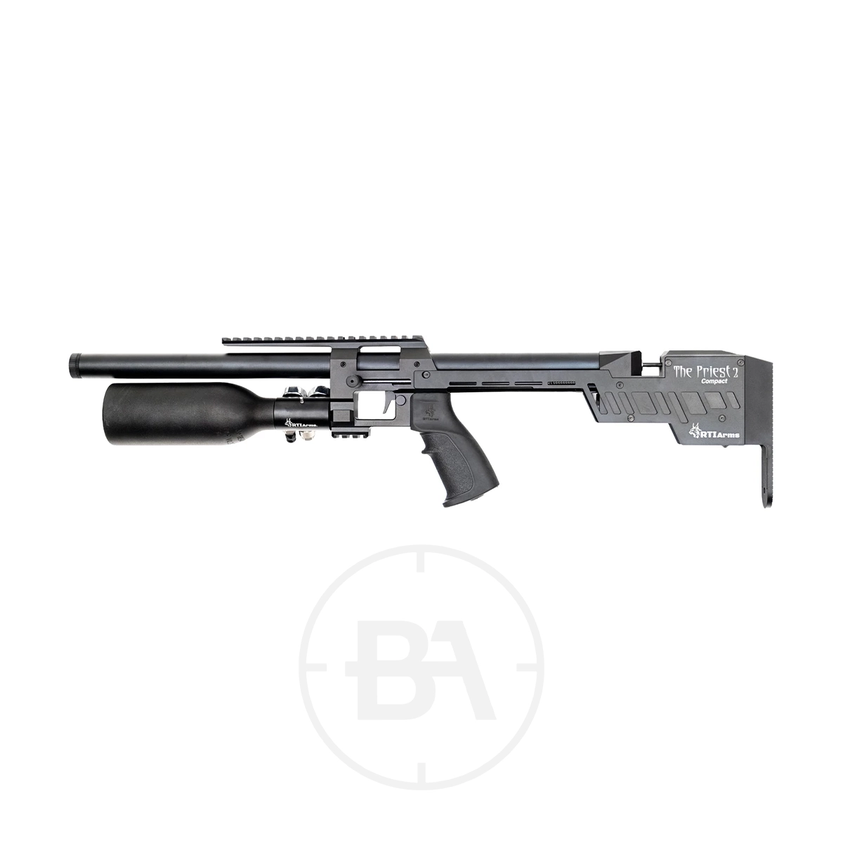 RTI Arms Priest 2 Compact PCP Air Rifle 3 Side view of the RTI Arms Priest 2 Compact PCP Air Rifle, which features a pistol grip, adjustable stock, top rail, and a large air tank below the barrel.