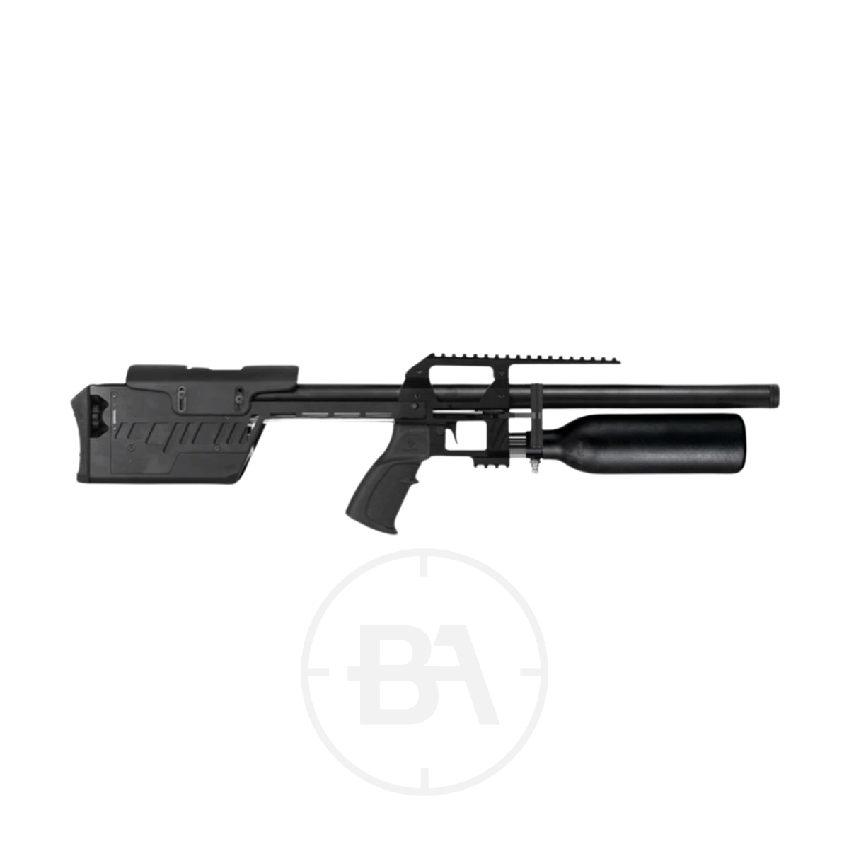 RTI Arms Prophet 3 Standard Compact PCP Air Rifle 1 The RTI Arms Prophet 3 Standard Compact PCP Air Rifle features a tactical stock, pistol grip, and a large cylindrical air tank beneath the barrel, displayed on a white background.