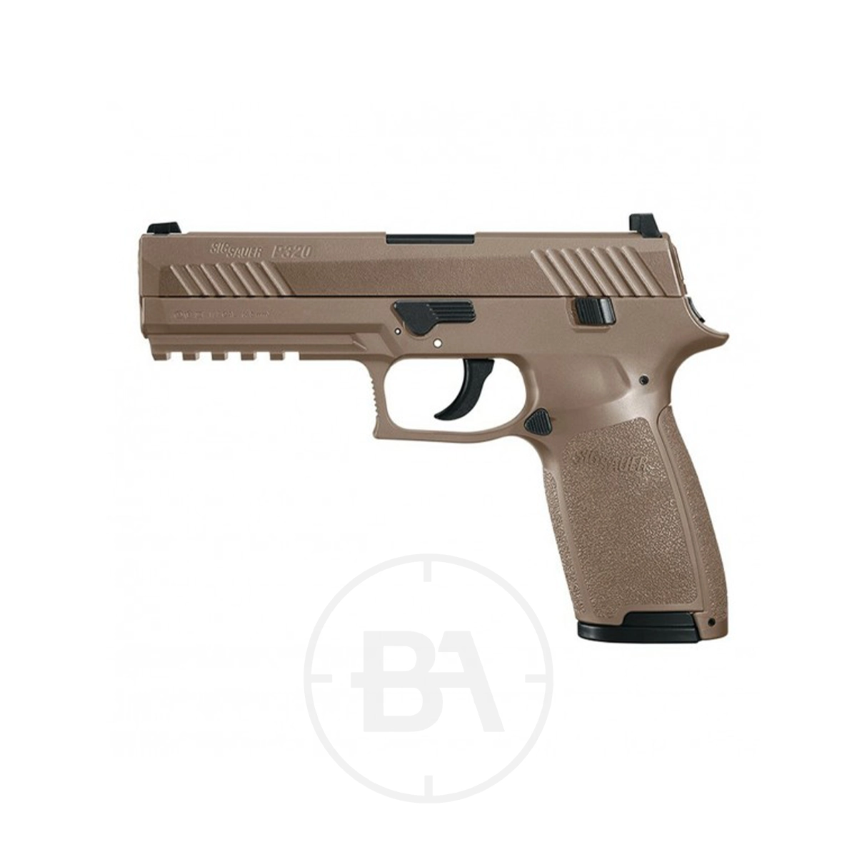 Sig Sauer P320 Dual Ammo CO2 Pistol 2 A tan-coloured Sig Sauer P320 semi-automatic handgun with a textured grip, trigger guard, and accessory rail, viewed from the side on a white background.