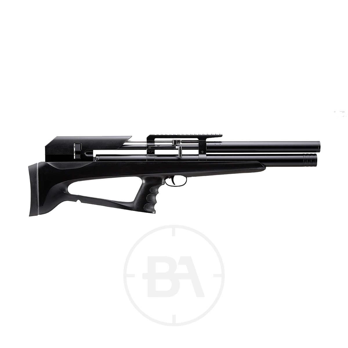 Snowpeak P35 Compact Bullpup PCP Air Rifle 1 Side view of the Snowpeak P35 Compact Bullpup PCP Air Rifle with ergonomic stock and scope mount, showcased against a plain white background.