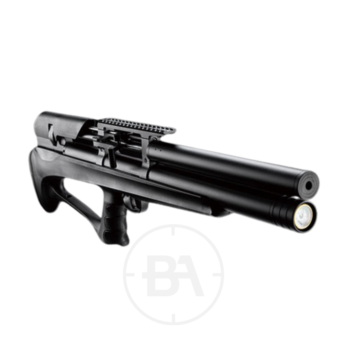 Snowpeak P35 Compact Bullpup PCP Air Rifle 3 A Snowpeak P35 Compact Bullpup PCP Air Rifle in black, featuring a scope rail, displayed against a white background.