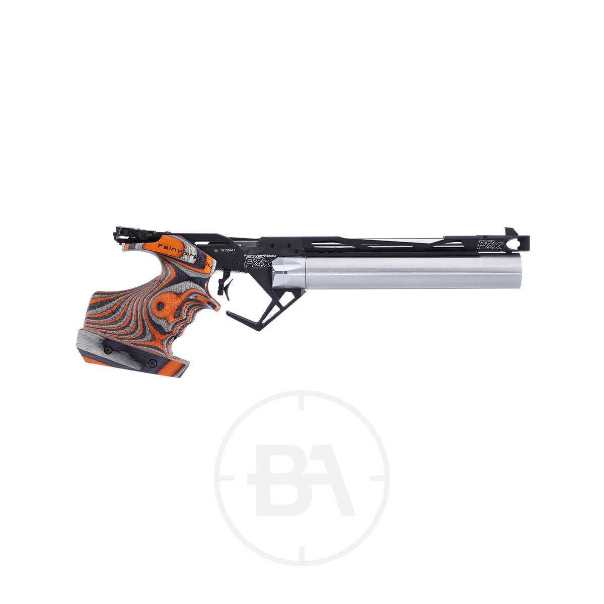 Feinwerkbau P 8X Match Target Pistol 3 Side view of a Feinwerkbau P 8X match target pistol with an intricately designed grip and a metallic barrel, set against a plain white background. Ideal for 10M competitions.