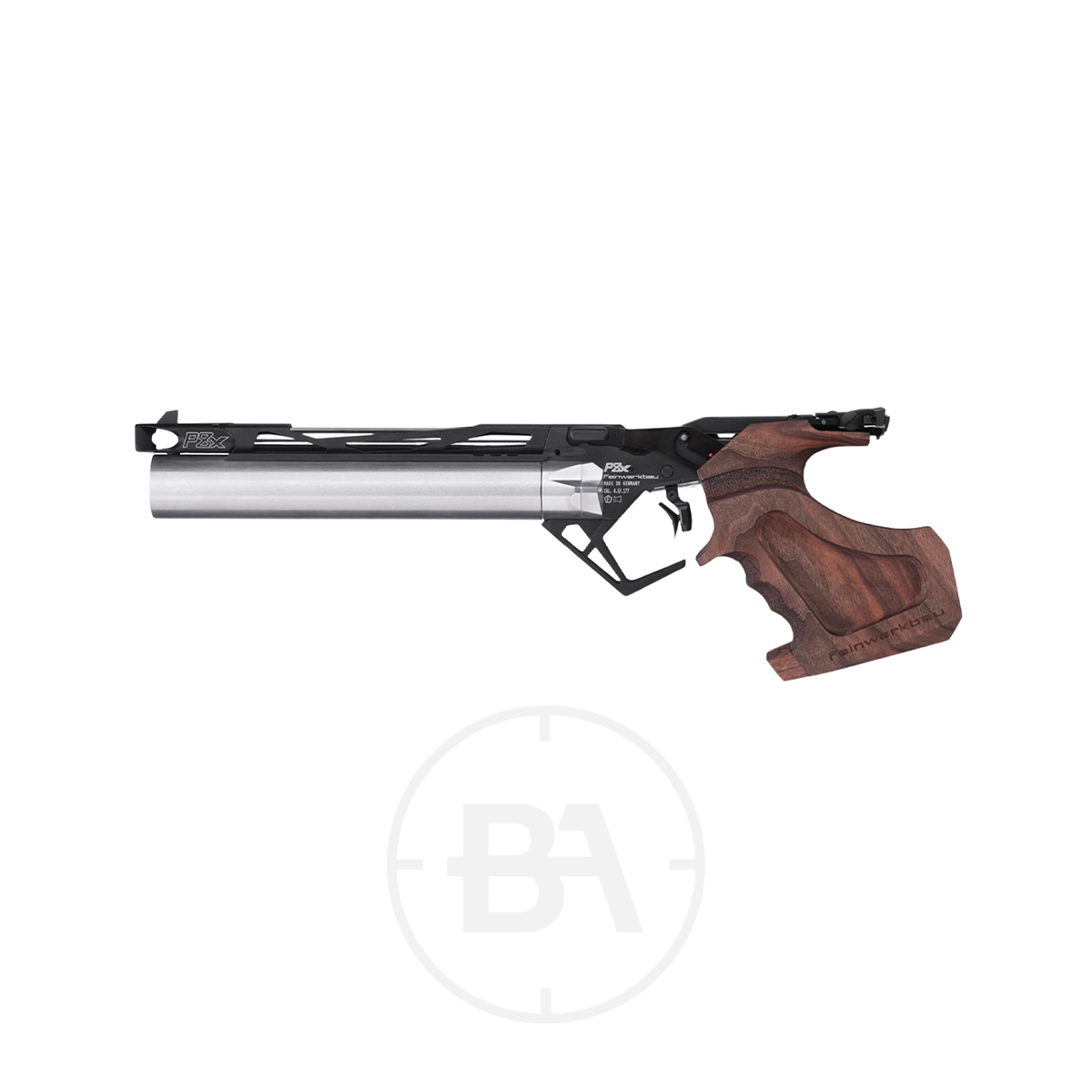 Feinwerkbau P 8X Match Target Pistol 1 Side view of a Feinwerkbau P 8X air pistol featuring a walnut grip, silver cylinder, and black barrel, isolated on a white background.