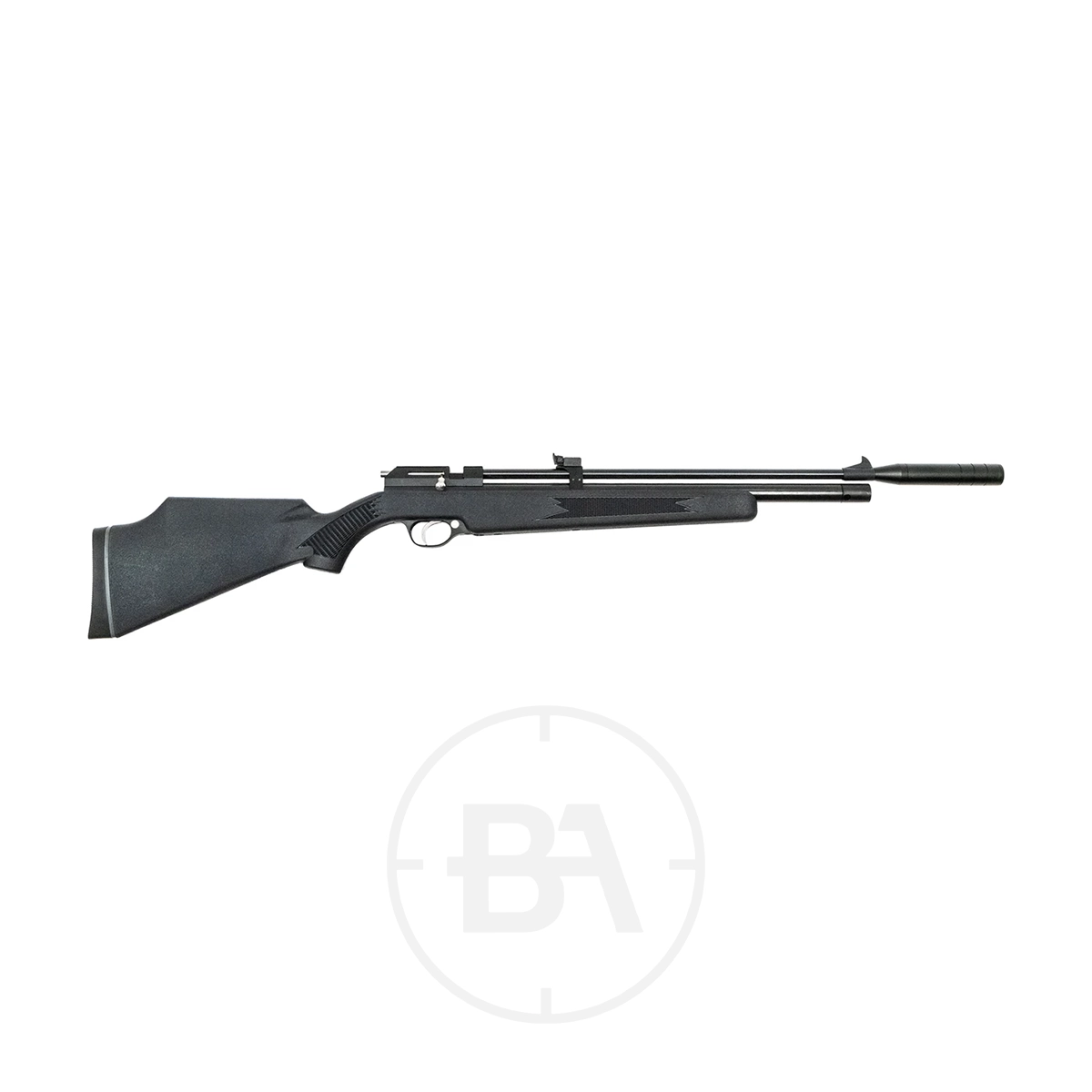 SMK Victory PR900 S Gen 2 PCP Air Rifle Synthetic 1 The SMK Victory PR900 S Gen 2 PCP Air Rifle Synthetic features a sleek black synthetic stock and mounted suppressor, shown on a white background.