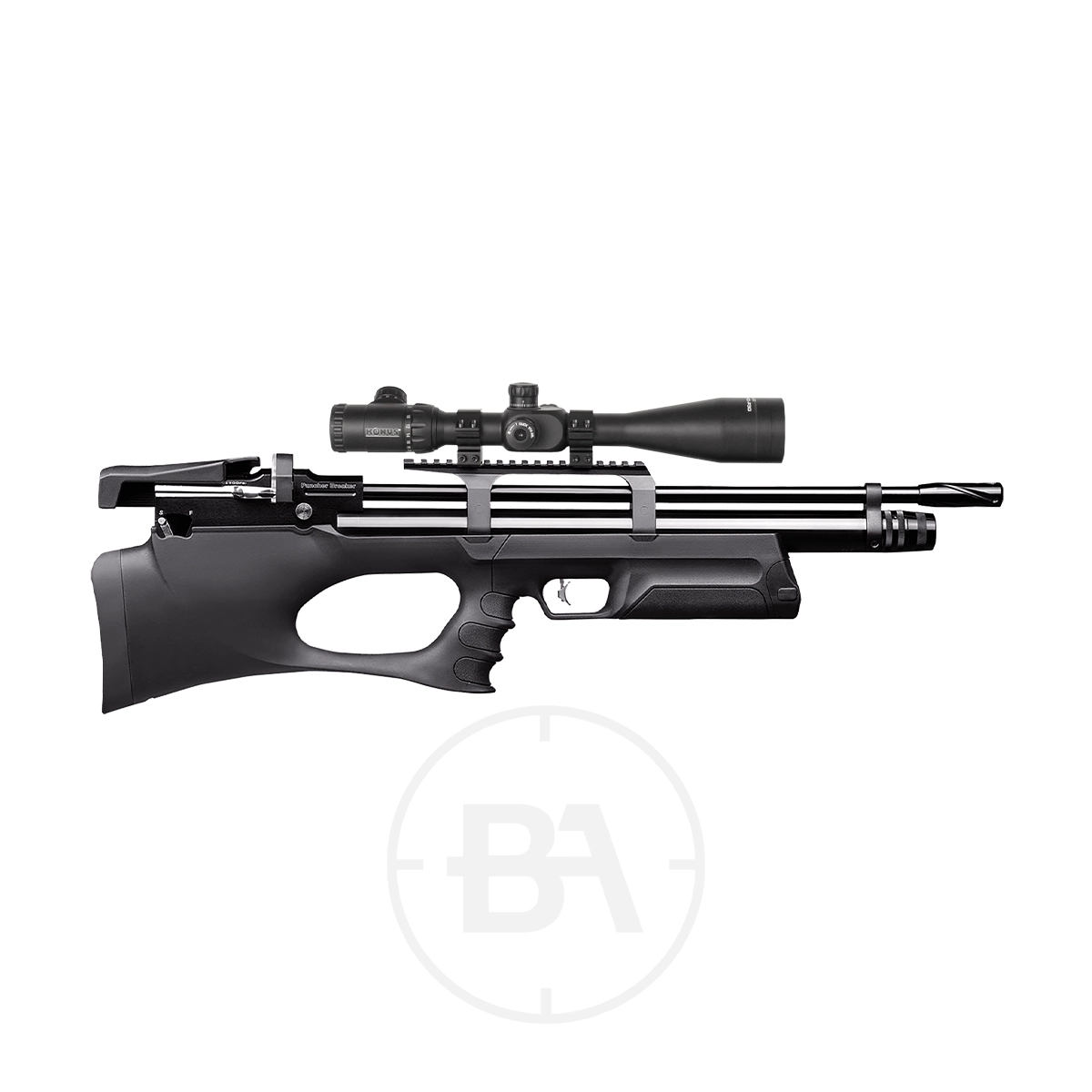 Kral Arms Puncher Breaker Bullpup PCP Air Rifle 1 A black Puncher Breaker Bullpup PCP air rifle with a scope attachment is shown on a white background, featuring a thumbhole stock and a modern, streamlined design.