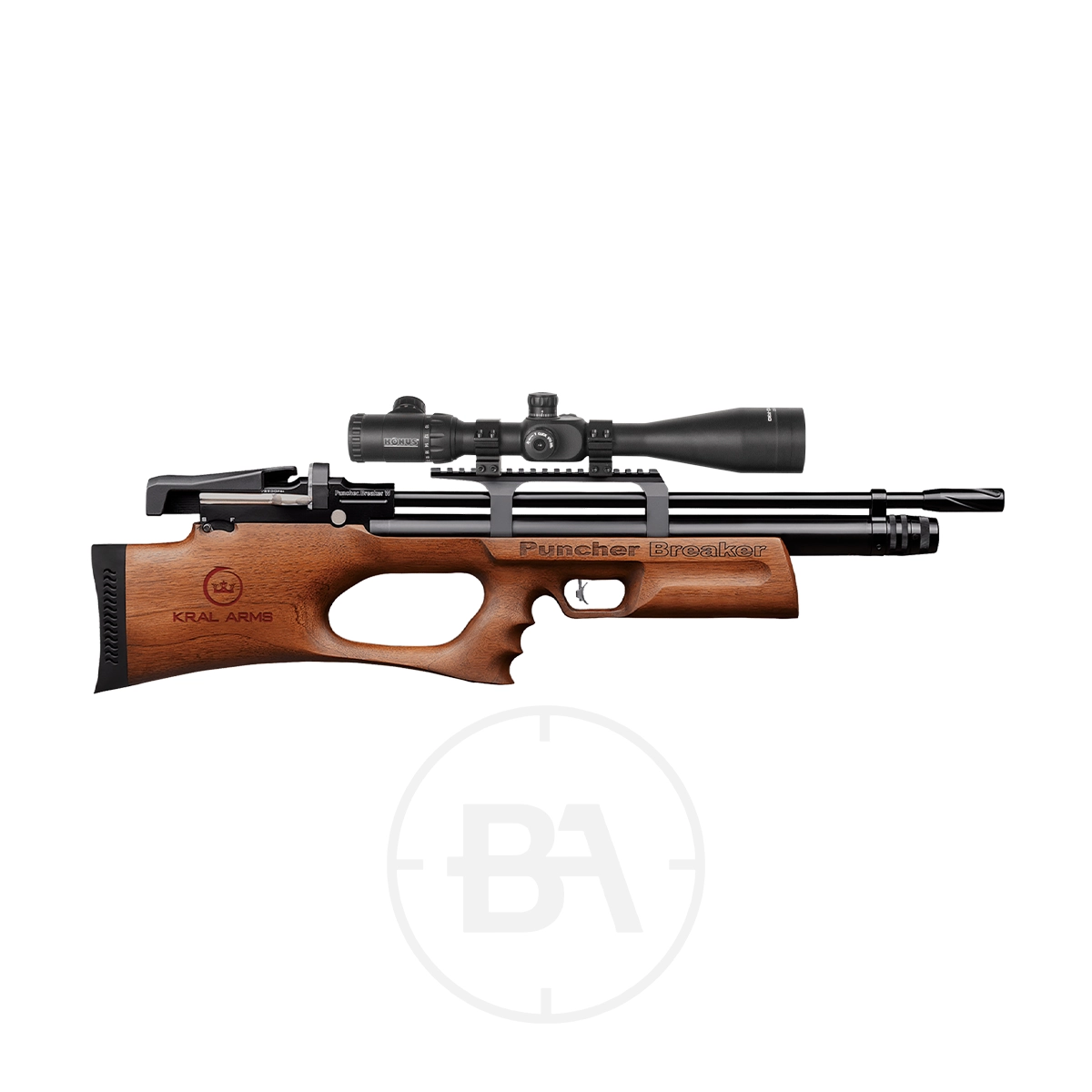 Kral Arms Puncher Breaker Bullpup PCP Air Rifle 5 A side view of the Kral Arms Puncher Breaker bullpup PCP air rifle with a wooden stock and mounted scope is shown against a white background.