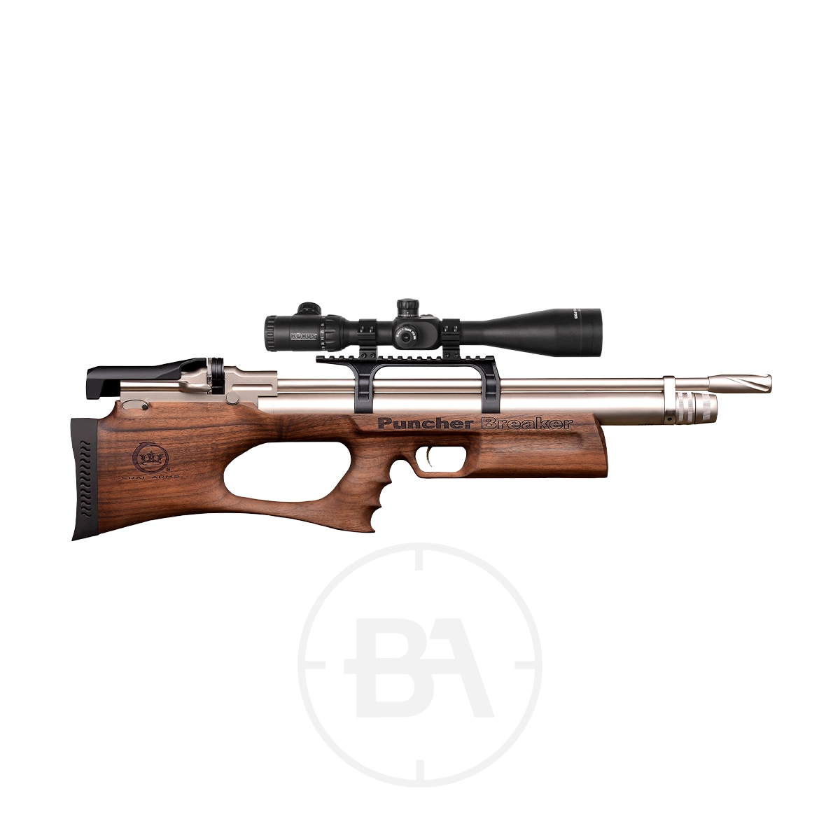 Kral Arms Puncher Breaker Bullpup PCP Air Rifle 7 Side view of a Kral Arms Puncher Breaker PCP Air Rifle with a wooden stock, mounted scope, and stainless steel barrel, displayed on a white background.