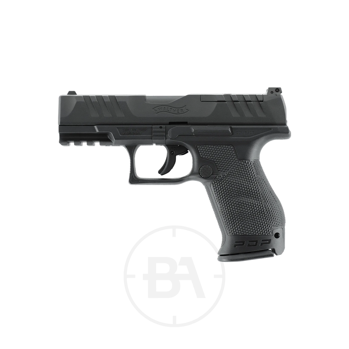 Walther PDP Compact 4" CO2 BB Pistol 1 A Walther PDP Compact 4" CO2 Pistol is shown in black with a textured grip and visible trigger, viewed from the side against a white background.