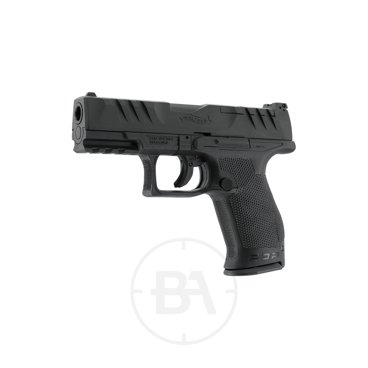 Walther PDP Compact 4" CO2 BB Pistol 3 The Walther PDP Compact 4" CO2 Pistol features a black finish, textured grip, and 4-inch barrel, displayed angled to show the left side and barrel against a white background.