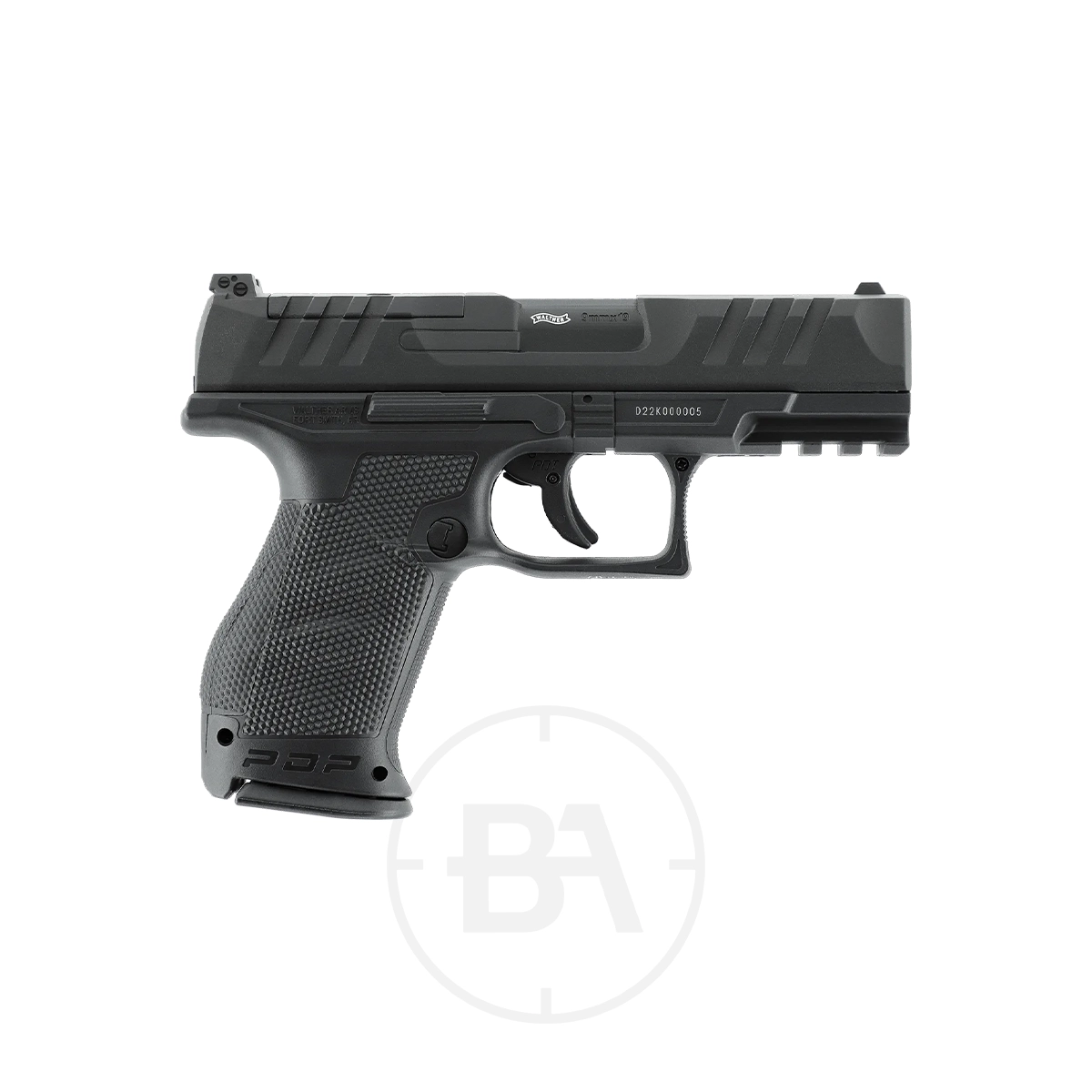 Walther PDP Compact 4" CO2 BB Pistol 5 A Walther PDP Compact 4" CO2 Pistol with a textured grip and accessory rail, black finish, is shown in side profile on a plain white background.