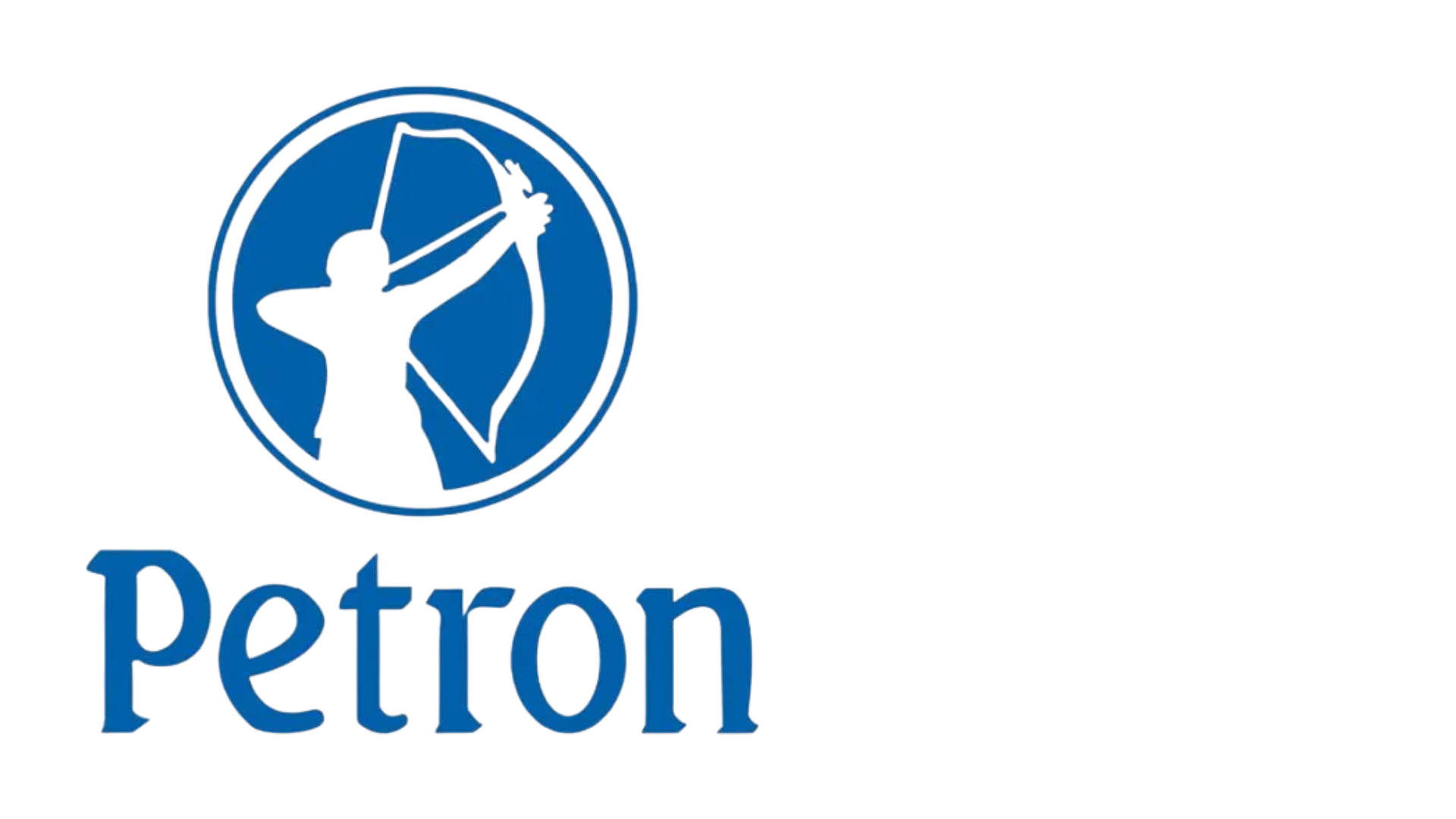 Blue and white Petron logo featuring a silhouette of a person drawing a bow inside a circle, with the word "Petron" below.