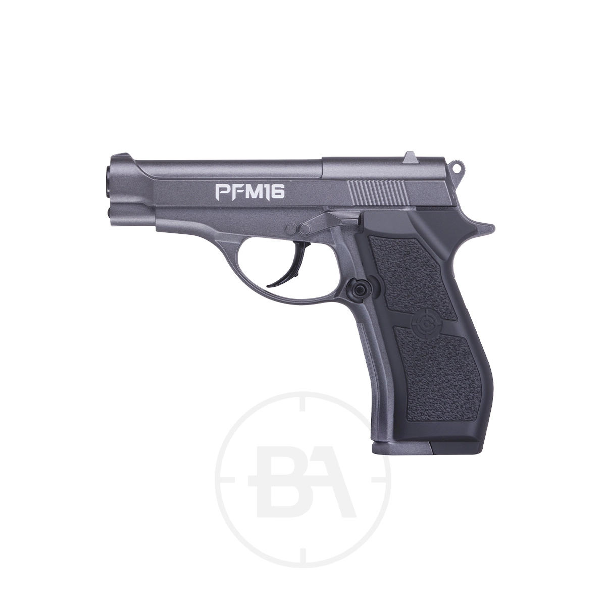 Crosman PFM16 4.5mm BB CO2 Pistol 1 A Crosman PFM16 4.5mm BB CO2 pistol in black is shown on a white background, viewed from the left side.