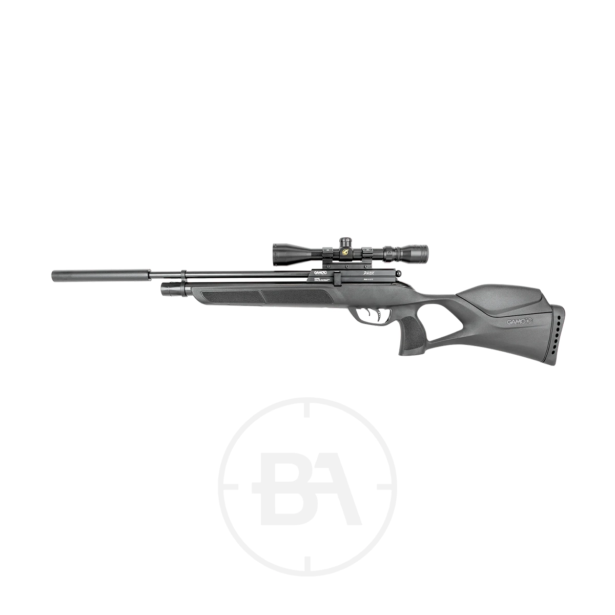 Gamo Phox PCP Air Rifle Package 2 The Gamo Phox PCP Air Rifle Package, featuring a scope, synthetic stock, and long barrel, is shown on a white background.