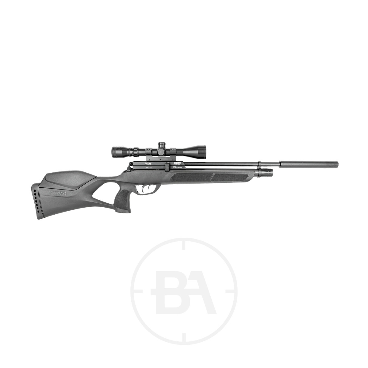 Gamo Phox PCP Air Rifle Package 3 The Gamo Phox PCP Air Rifle Package, featuring a black synthetic stock, mounted telescopic sight, and long barrel, is displayed on a plain white background.