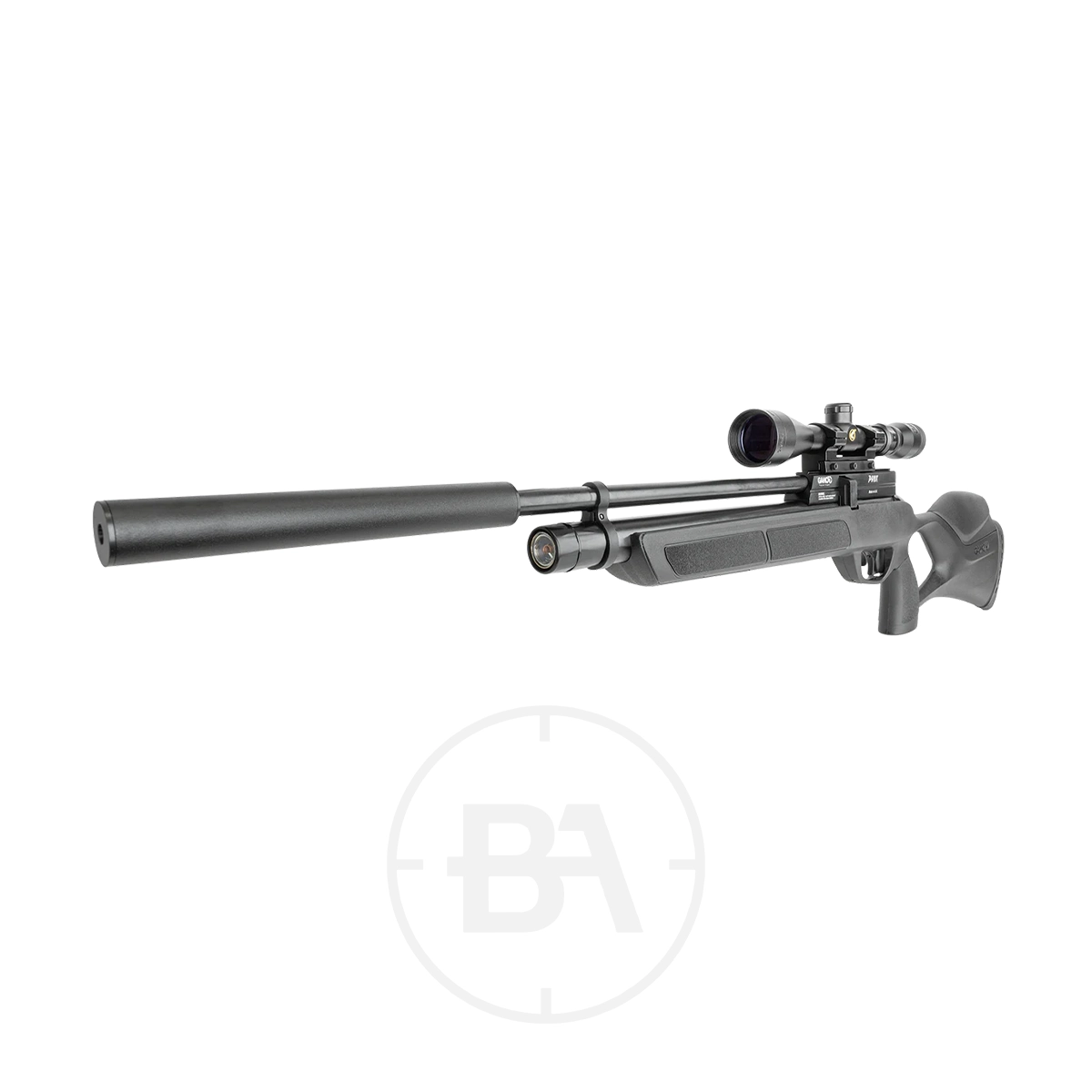 Gamo Phox PCP Air Rifle Package 4 The Gamo Phox PCP Air Rifle Package is shown on a white background, featuring a mounted scope, long barrel, pistol grip, and suppressor for a modern tactical look.