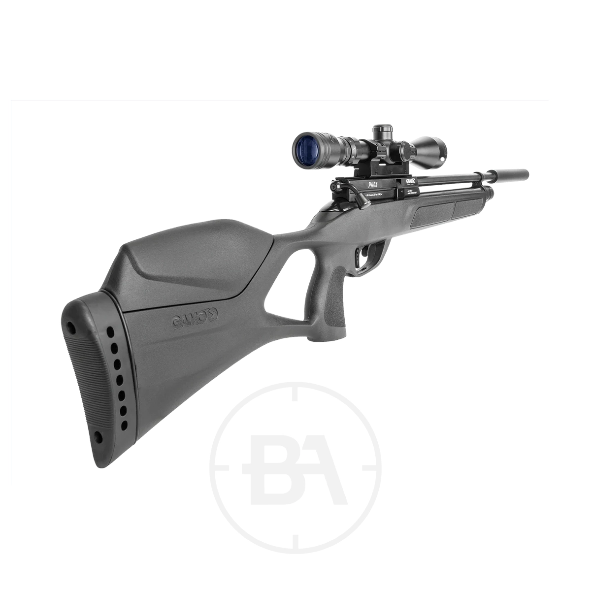 Gamo Phox PCP Air Rifle Package 5 The Gamo Phox PCP Air Rifle Package, shown in black with a scope, textured stock, and ergonomic grip, is displayed against a white background.