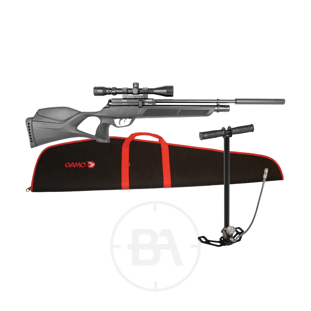 Gamo Phox PCP Air Rifle Package 1 The Gamo Phox PCP Air Rifle Package includes a black air rifle with scope, a black and red soft case, and a black hand pump with hose, all shown on a white background.