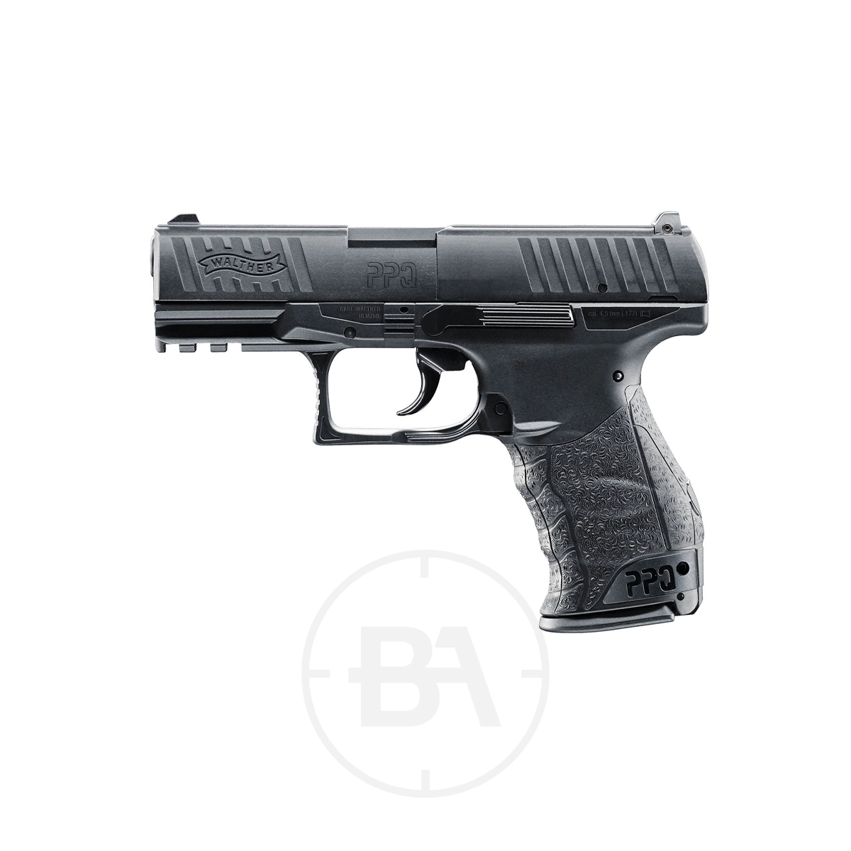 Walther PPQ CO2 Pistol 1 The Walther PPQ CO2 Pistol is displayed in a side profile against a white background.