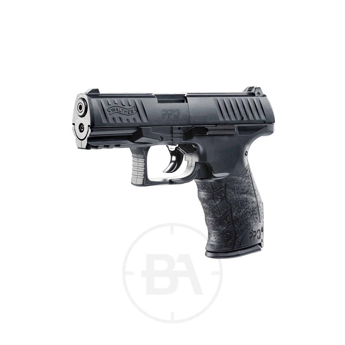 Walther PPQ CO2 Pistol 3 A Walther PPQ CO2 Pistol in black is displayed facing left on a white background, with a subtle circular logo beneath it.