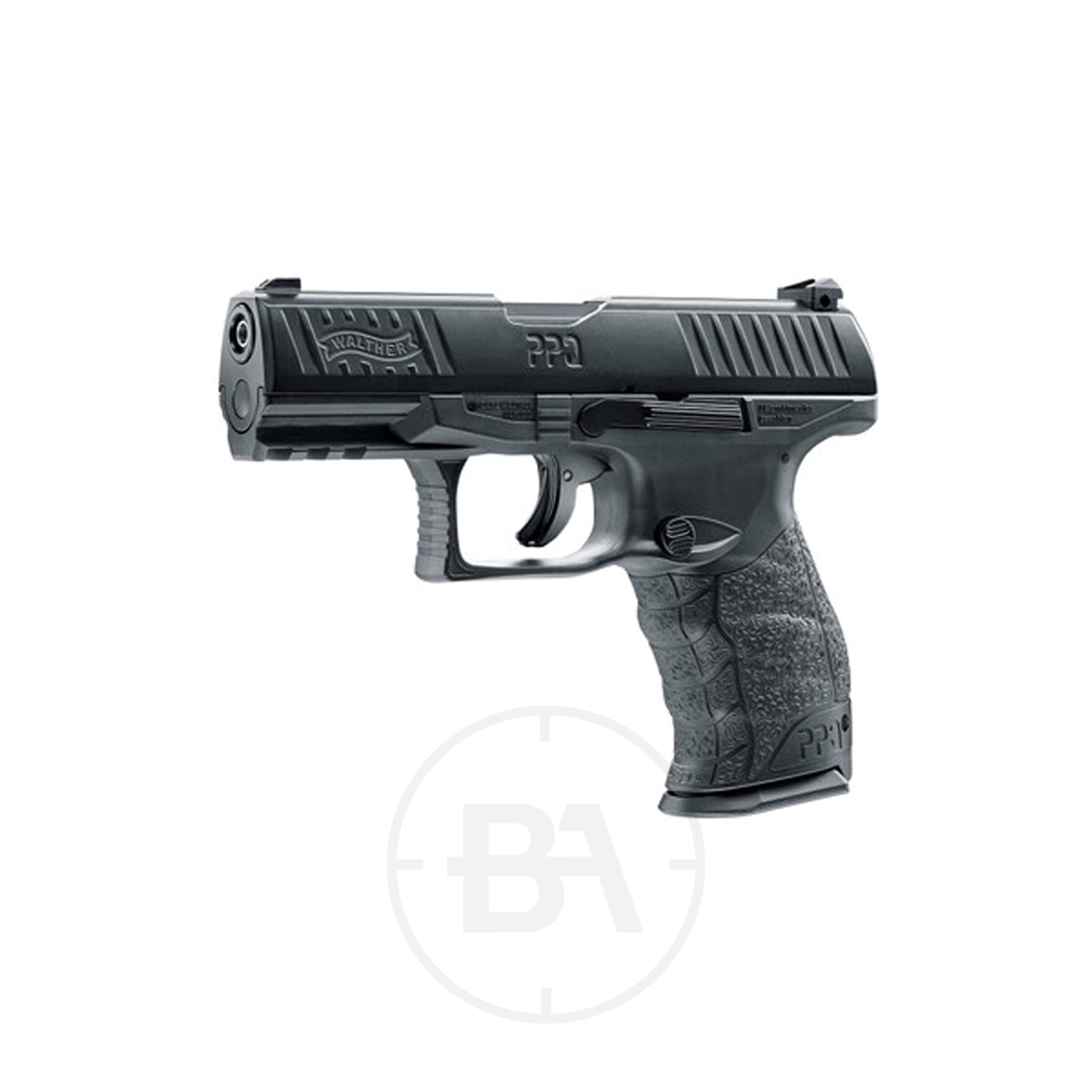 Walther PPQ M2 CO2 Pistol 5 A Walther PPQ M2 CO2 Pistol .177 in black is displayed in a side profile view against a plain white background.