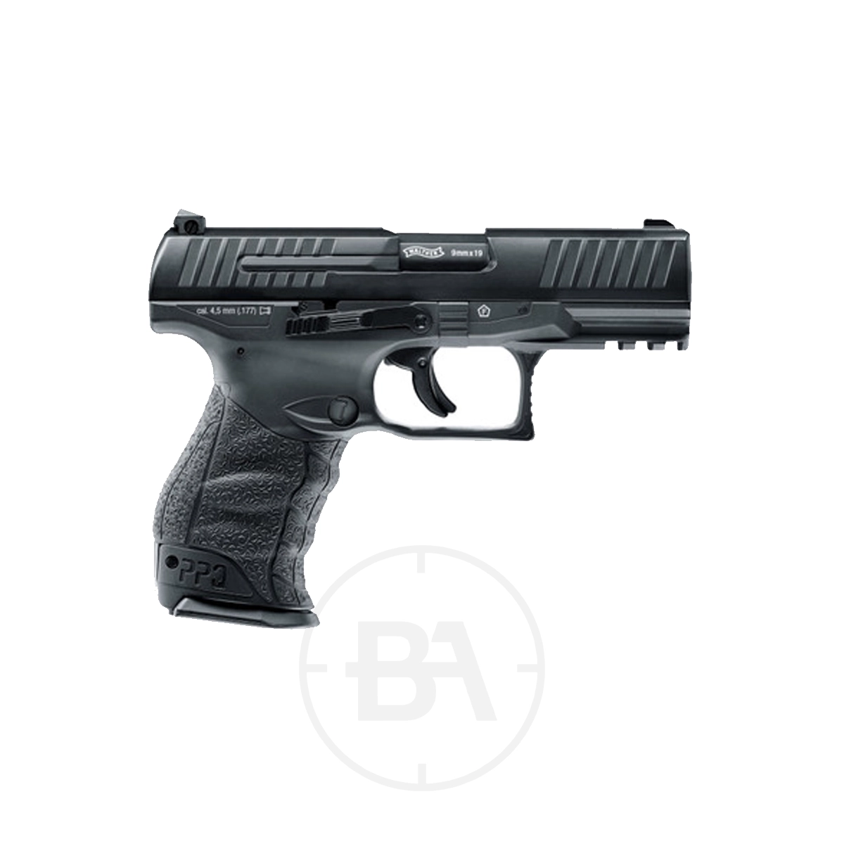 Walther PPQ M2 CO2 Pistol 3 A Walther PPQ M2 CO2 Pistol .177 in black is shown on a white background, facing left.
