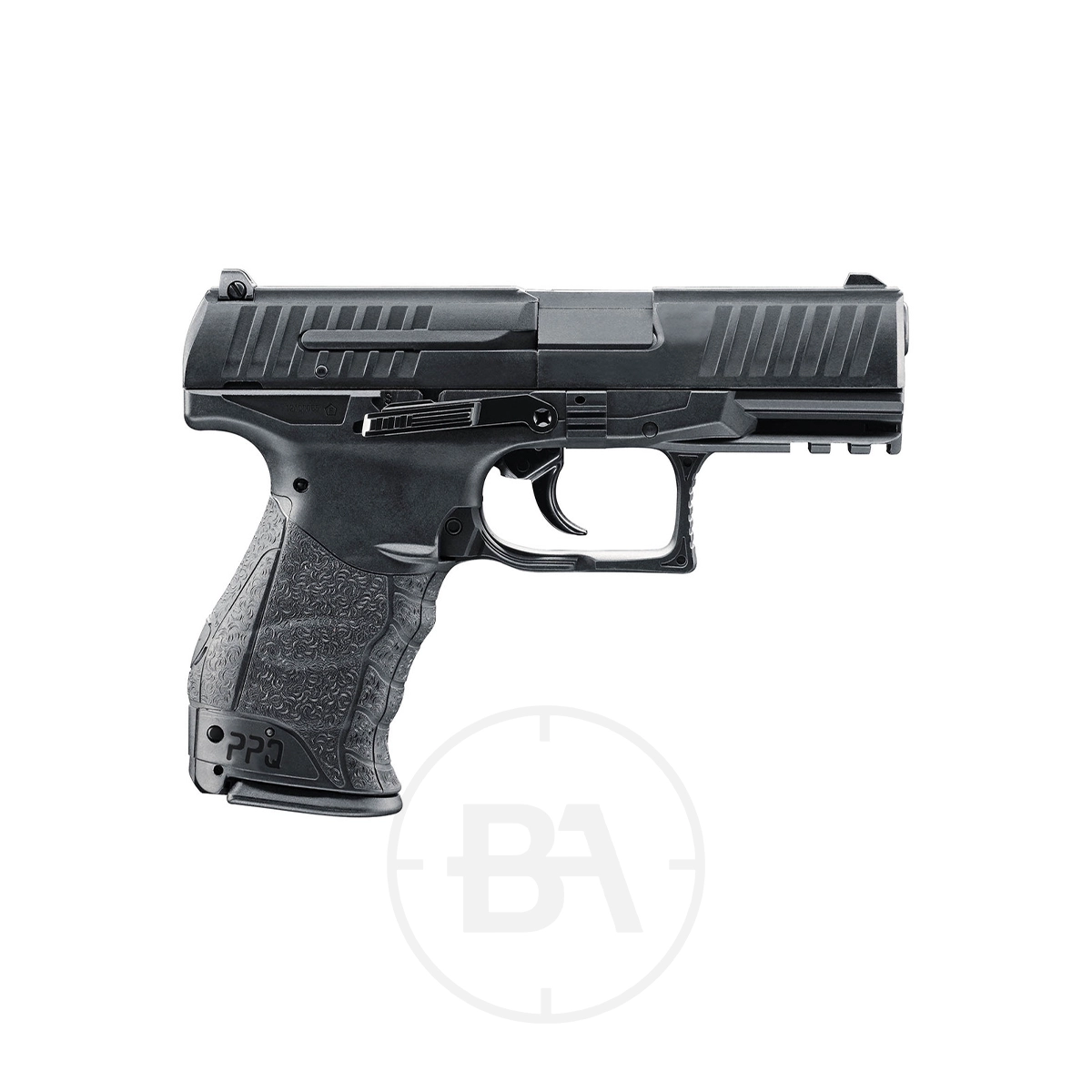 Walther PPQ CO2 Pistol 5 The Walther PPQ CO2 Pistol is displayed in profile against a white background, highlighting its black finish, textured grip, and visible trigger.