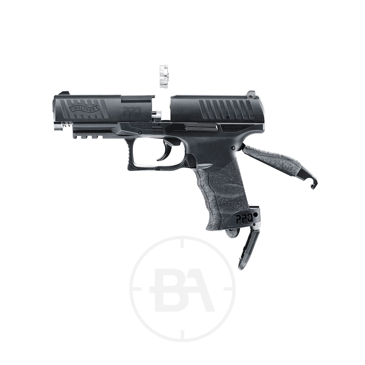 Walther PPQ CO2 Pistol 7 A Walther PPQ CO2 Pistol, black in color, is shown with its slide pulled back and the magazine partially ejected on a white background.