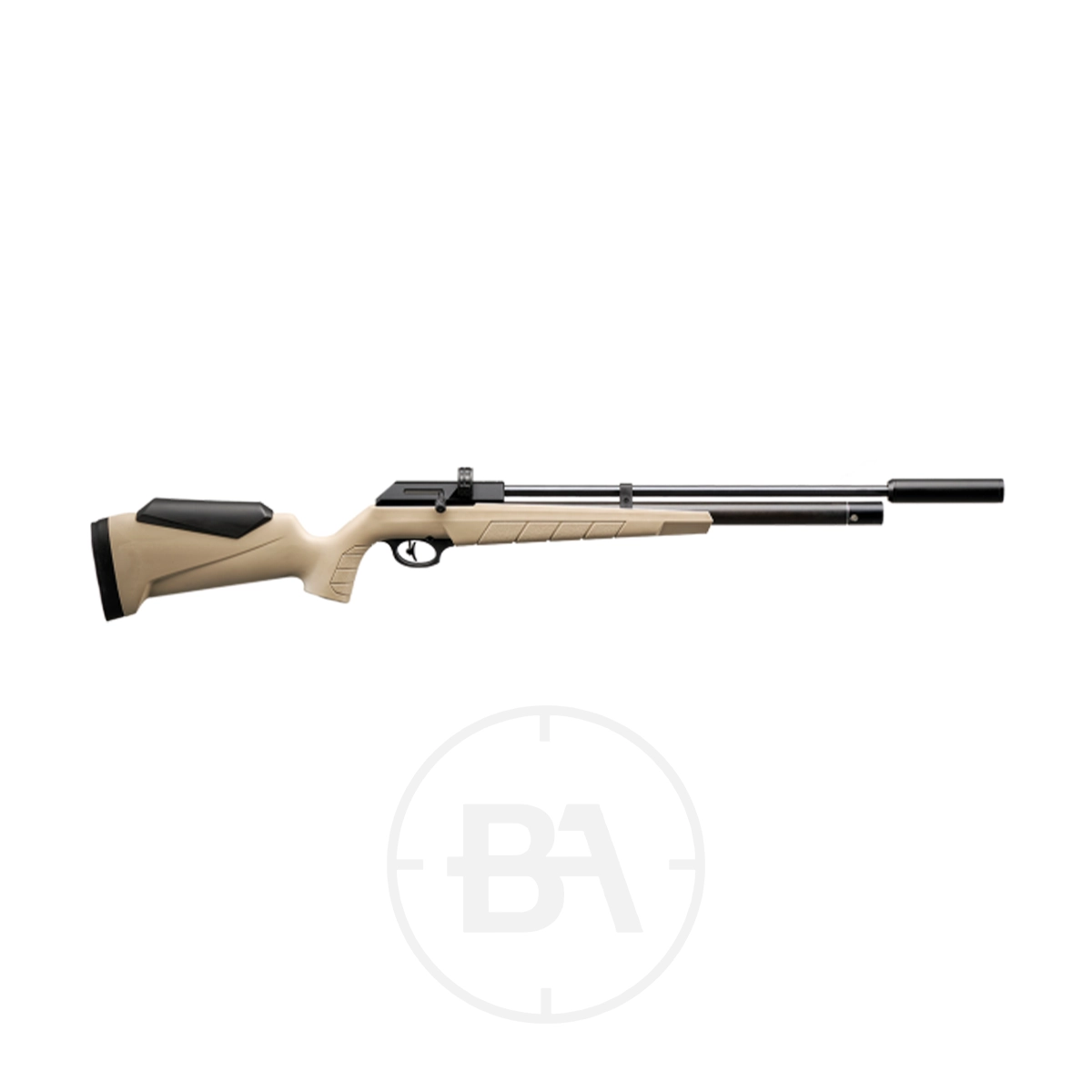SMK Victory PR900 Gen 3 Regulated PCP Air Rifle 2 A beige and black SMK Victory PR900 Gen 3 Regulated PCP Air Rifle with a long barrel, tactical stock, and padded butt is displayed on a white background.
