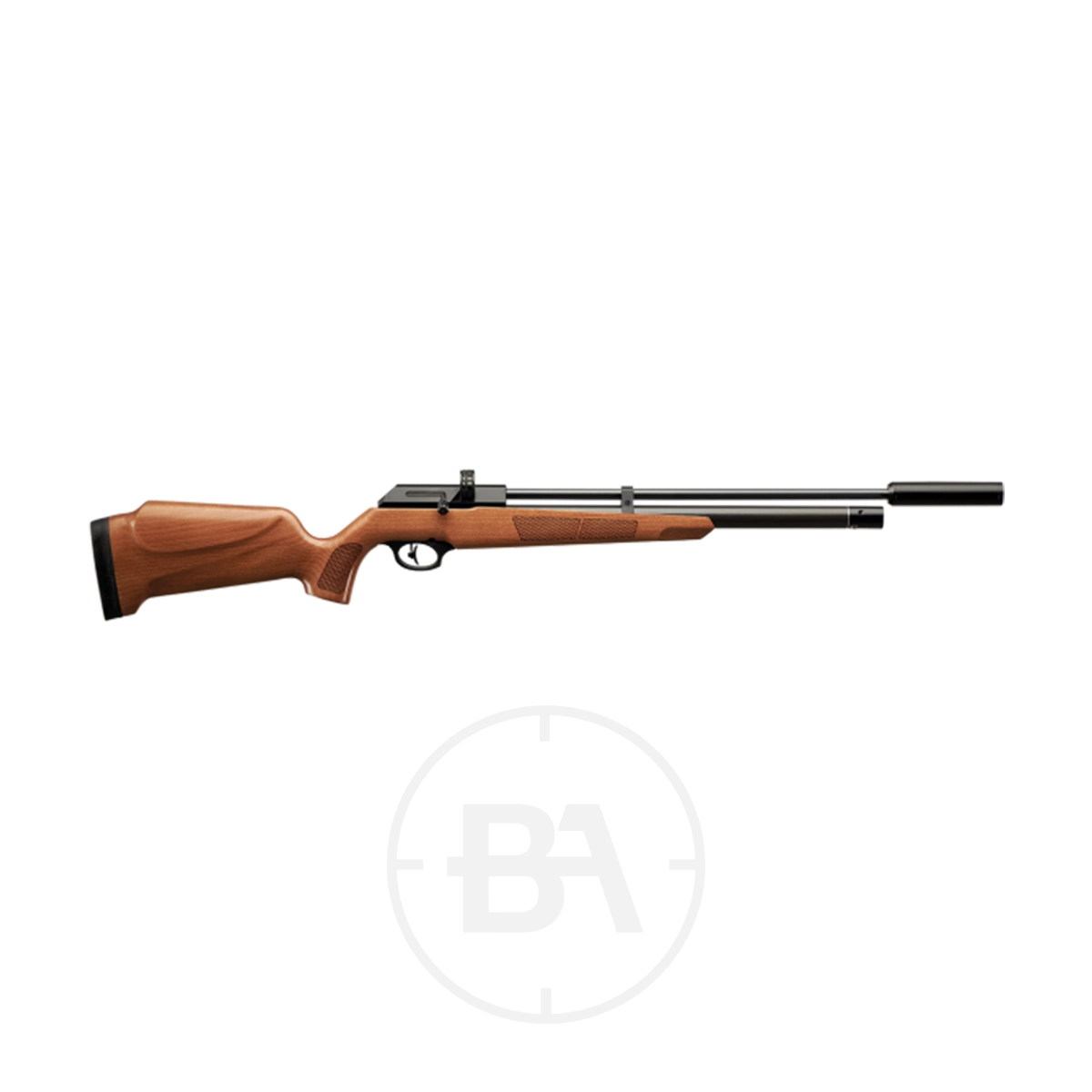 SMK Victory PR900 Gen 3 Regulated PCP Air Rifle 1 A side view of the SMK Victory PR900 Gen 3 Regulated PCP Air Rifle, featuring a long black barrel and a textured brown stock, is shown on a plain white background.