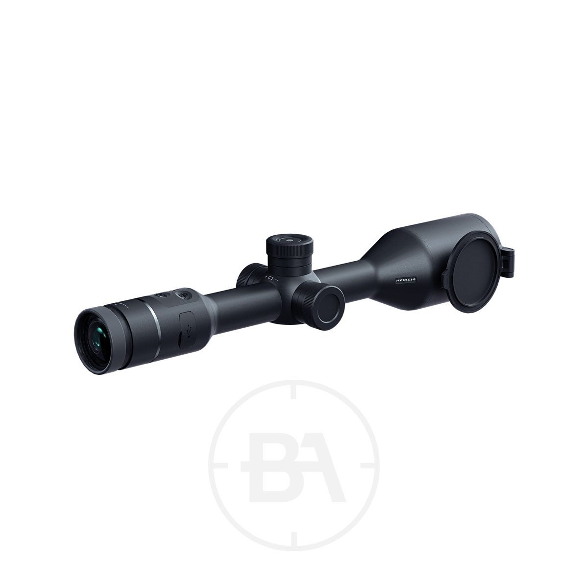 PARD Pantera eX 640 Thermal Imaging Scope 2 The PARD Pantera eX 640 Thermal Imaging Scope in black, featuring adjustment knobs and lens caps, is displayed at an angle on a white background.