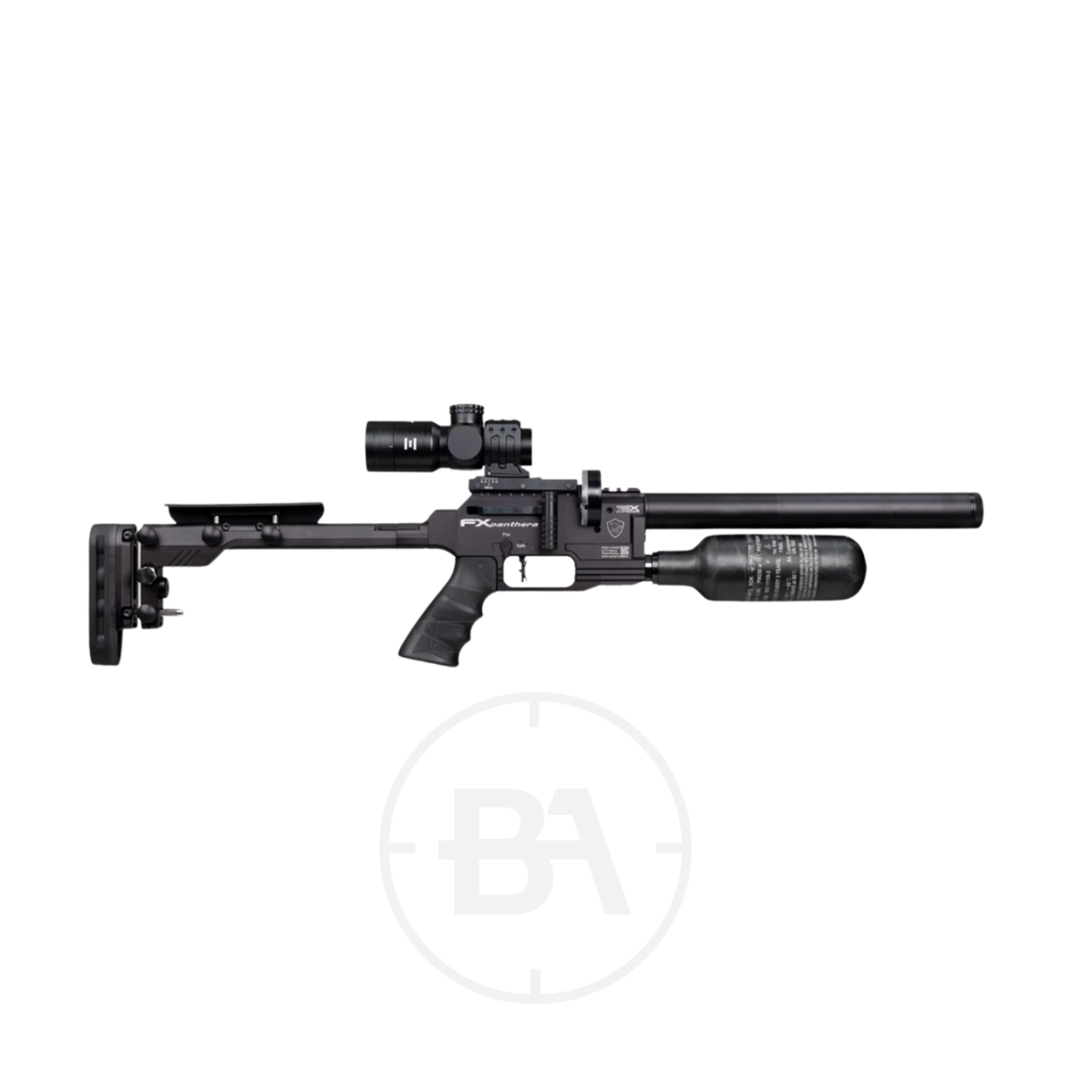 FX Airguns Panthera Hunter Compact PCP Air Rifle 1 Side view of the FX Airguns Panthera Hunter Compact PCP Air Rifle with a mounted scope and carbon fiber air tank, displayed on a white background.