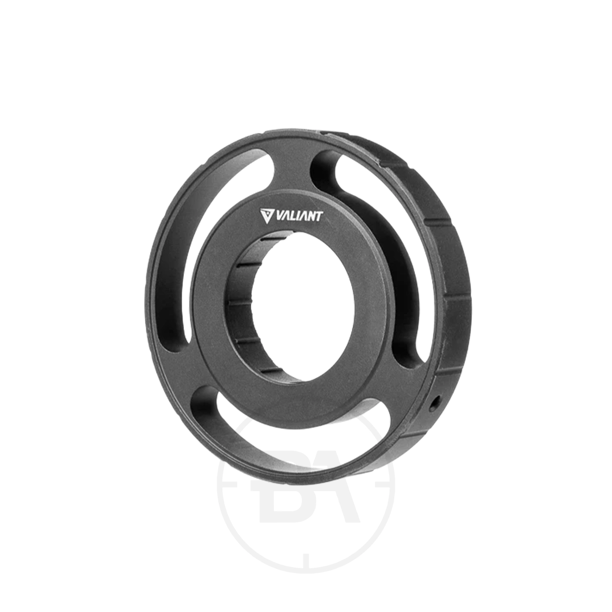 Valiant Side Focus Parallax Wheel 1 The Valiant Side Focus Parallax Wheel is a black circular metal component with cut-out sections and the "Valiant" logo, designed for precision focus adjustment, shown on a plain white background.