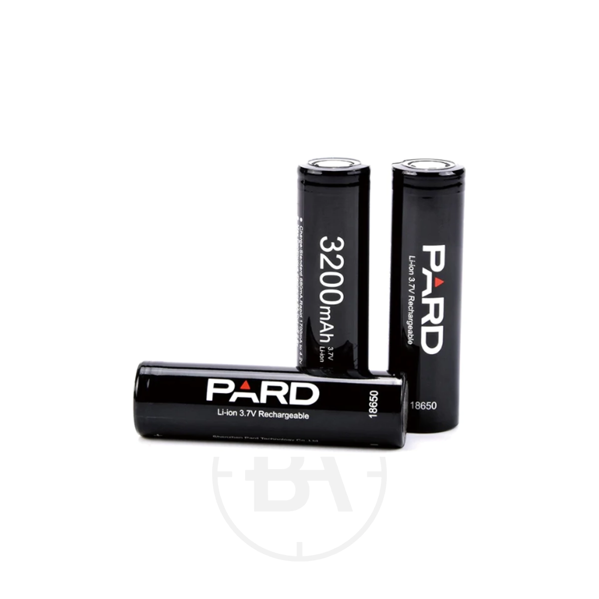 PARD 18650 Rechargeable Battery 1 Three PARD 18650 Rechargeable Batteries for the NV007 Series, each 3.7V 3200mAh, are displayed standing and lying on a white background.