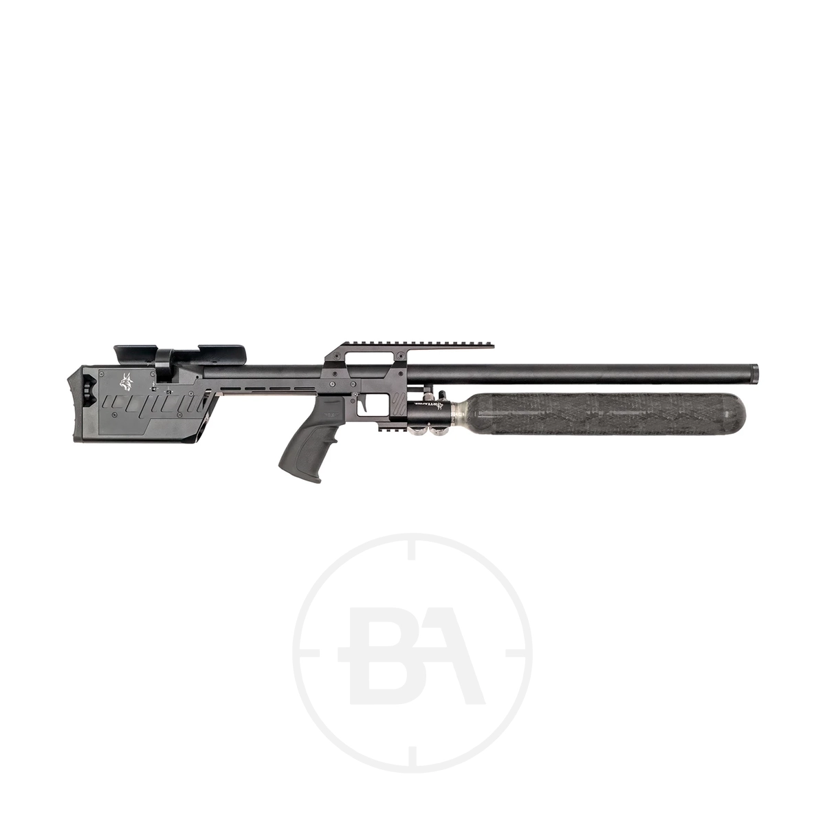 RTI Arms P3 Performance PCP Air Rifle 1 Side view of the RTI Arms P3 Performance PCP Air Rifle, featuring a black adjustable stock, pistol grip, long barrel, and large cylindrical air reservoir beneath the barrel, isolated on a white background.