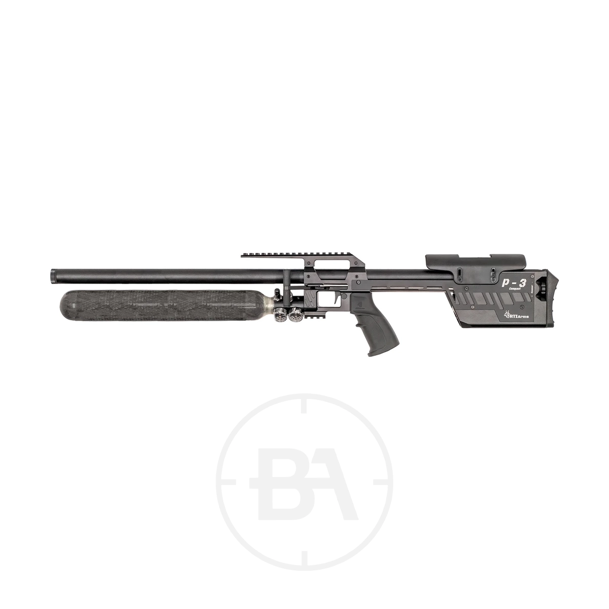 RTI Arms P3 Performance PCP Air Rifle 3 Side view of a modern black RTI Arms P3 Performance PCP Air Rifle featuring a long barrel, adjustable stock, and visible air cylinder beneath the barrel, isolated on a white background.