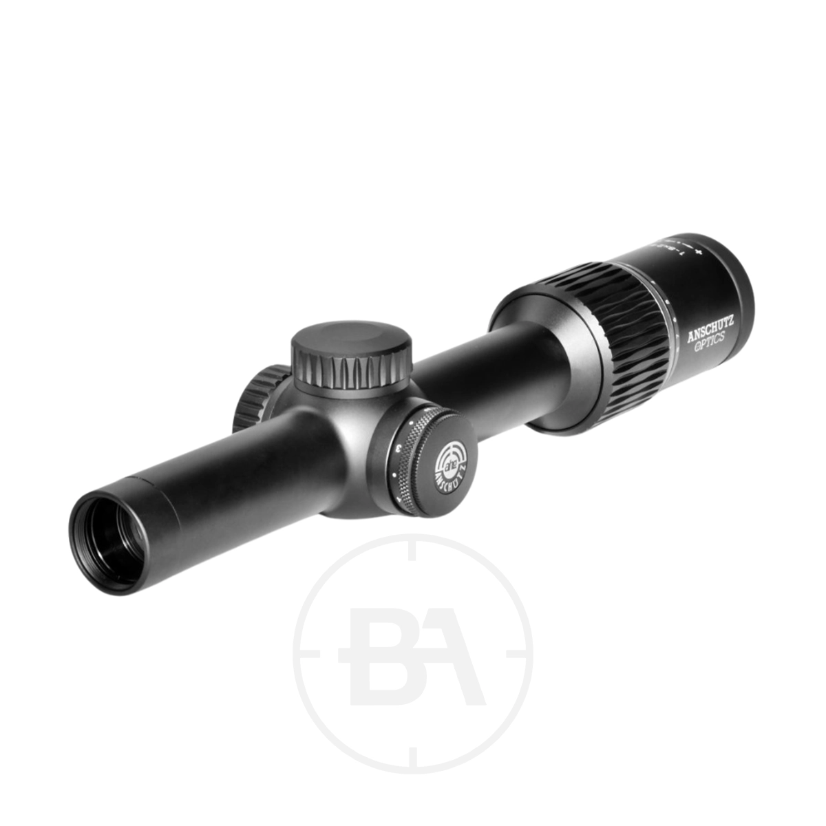 Anschütz Optics Performance Pro 1-8x24 SFP Rifle Scope 1 A matt black Anschütz Optics Performance Pro 1-8x24 SFP Rifle Scope with adjustment dials and a textured zoom ring, seen at an angle. "Anschütz Optics" is on the eyepiece, with a subtle "BA" watermark visible.