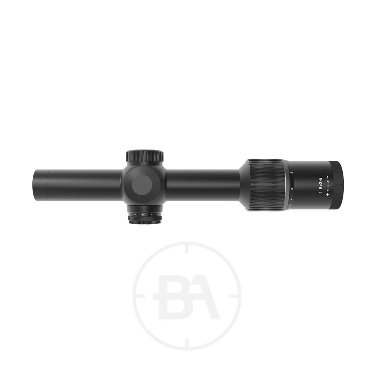 Anschütz Optics Performance Pro 1-8x24 SFP Rifle Scope 2 A black Anschütz Optics Performance Pro 1-8x24 SFP Rifle Scope viewed from the side, featuring adjustment knobs and a textured focus ring, set against a plain white background.