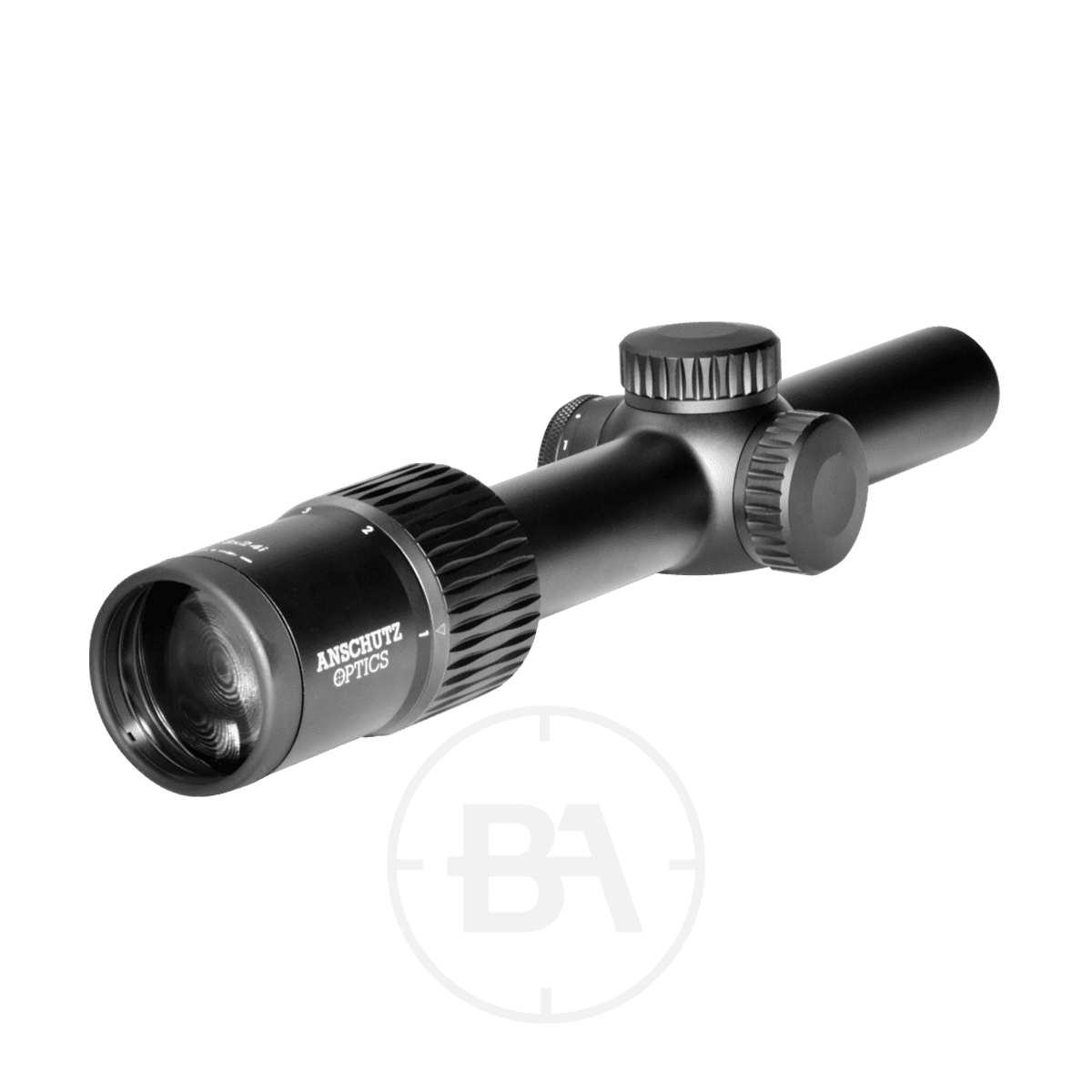 Anschütz Optics Performance Pro 1-8x24 SFP Rifle Scope 4 A black Anschütz Optics Performance Pro 1-8x24 SFP Rifle Scope with adjustment dials and textured grip rings, seen at an angle on a white background.