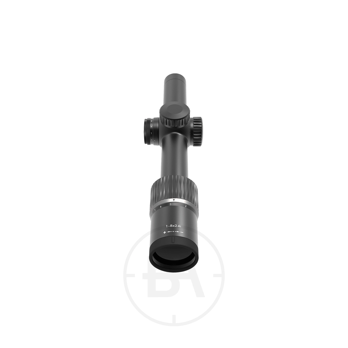 Anschütz Optics Performance Pro 1-8x24 SFP Rifle Scope 3 A black Anschütz Optics Performance Pro 1-8x24 SFP Rifle Scope is shown front-facing, with top and side adjustment knobs, "1-8x24" on the lens, and centred on a white background with a faint circular logo underneath.