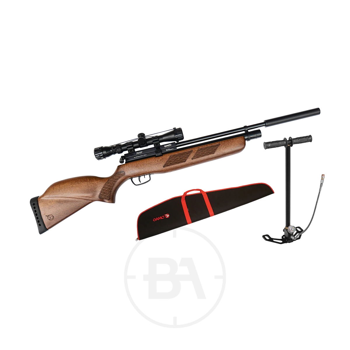 Gamo Phox PCP Air Rifle Package 6 The Gamo Phox PCP Air Rifle Package includes a brown air rifle with scope, a black and red rifle case, and a black hand pump with pressure gauge and hose, shown together on a white background.