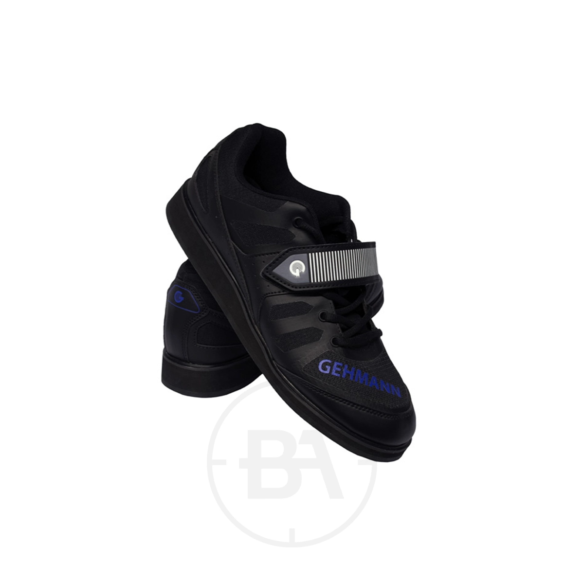 Gehmann Pistol Sneakers 1 The Gehmann Pistol Sneakers are black athletic shoes featuring "GEHMANN" on one shoe, a glossy strap, striking blue accents, and are set against a white background, ideal for any activity from running to practicing pistol skills.